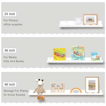Fun Memories Picture Ledge Shelf for Wall, 36 inch Pine Wood Nursery Book Shelves Set of 2- Wall Book Shelves for Kids Room, Home Decor - Kitchen Spice-White
