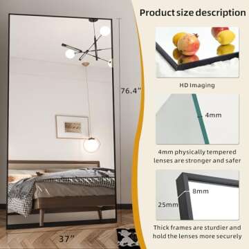 Beauty4U 76" x 37" Large Full Length Mirror with Stand, Black Wall Mounting Full Body Mirror, Metal ...
