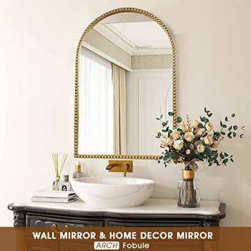 Fobule Arched Wall Mirror for Bathroom, 30"x40" Metal Beaded Frame Decorative Accent Mirror, Large M...