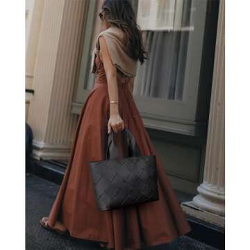 BOSTANTEN Woven Tote Bag for Women Top Handle Purses and Handbags Shoulder Purse With Zipper Black