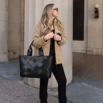 BOSTANTEN Woven Tote Bag for Women Top Handle Purses and Handbags Shoulder Purse With Zipper Black