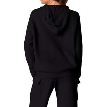 REORIA Women's 2 Two Piece Knit Sweater Sets Hoodies Cargo Pants Matching Lounge Tracksuits Fall Winter Airport Outfits 2024 Trendy(Black Medium)