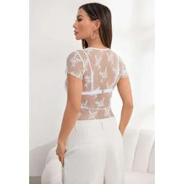 MEROKEETY 2024 Women's Sheer Mesh Short Sleeve Crop Top Crew Neck Sexy Lace Y2K Going Out Blouse Tees, White, Medium