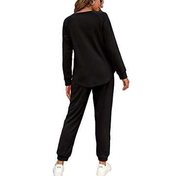 Cute Two Piece Outfits for Women, Womens Loungewear Set Long Sleeve Black L