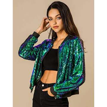 Allegra K Women's Sequin Jacket Casual Long Sleeve Zipper Fall Winter Shiny Glitter Sparkly Bomber J...