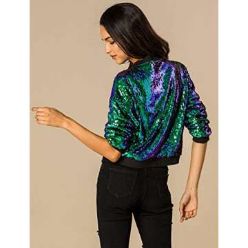Allegra K Women's Sequin Jacket Casual Long Sleeve Zipper Fall Winter Shiny Glitter Sparkly Bomber Jackets Medium Green