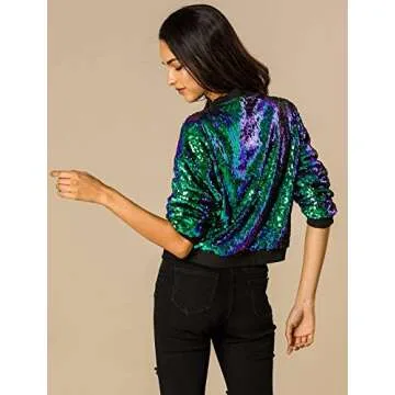 Allegra K Women's Sequin Jacket Casual Long Sleeve Zipper Fall Winter Shiny Glitter Sparkly Bomber Jackets Medium Green