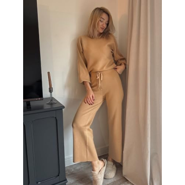 Ekouaer Knit Lounge Sets for Women 2 Piece Cozy Long Sleeve Pullover Sweater Top and Wide Leg Pants Set Pajamas Outfits Khaki