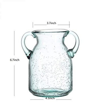 Flower Vase Glass Elegant Double Ear Decorative Handmade Air Bubbles Bluish Color Glass Vase for Centerpiece Home Decor (Small)
