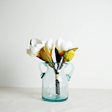 Flower Vase Glass Elegant Double Ear Decorative Handmade Air Bubbles Bluish Color Glass Vase for Centerpiece Home Decor (Small)