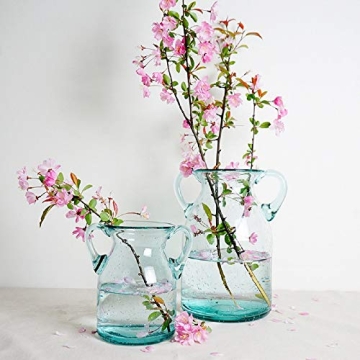 Flower Vase Glass Elegant Double Ear Decorative Handmade Air Bubbles Bluish Color Glass Vase for Centerpiece Home Decor (Small)