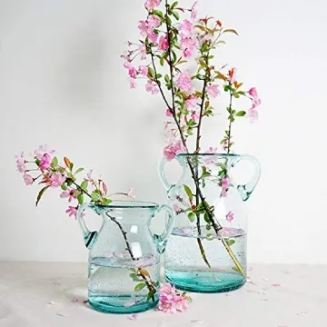 Flower Vase Glass Elegant Double Ear Decorative Handmade Air Bubbles Bluish Color Glass Vase for Centerpiece Home Decor (Small)
