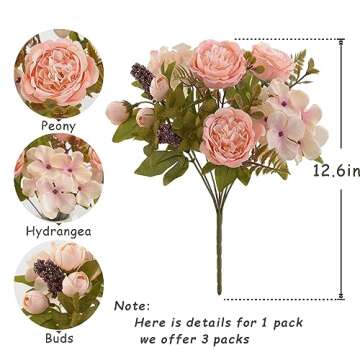 karoro Artificial Flowers, Fake Peony Silk Hydrangea Bouquet Decor Plastic Carnations Realistic Flow...