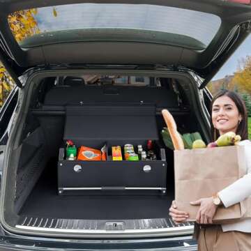 XCF Car Organizer Trunk, Durable Collapsible Leather Car Trunk Organizer with Lid and Sturdy Handle, Auto Cargo Storage Compartments, SUV/Car Accessories for Men/Women (11.4 x 27 x 12.2, Black)