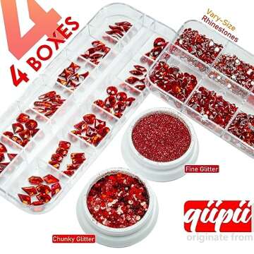 4 Boxes Red Nail Rhinestones Glitters Kit, 24 Shapes K9 Glass Ruby Red Gems Flatback Round Gems Ston...
