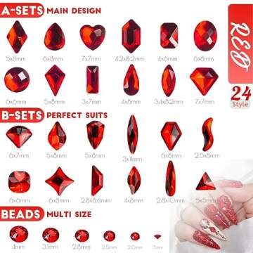 4 Boxes Red Nail Rhinestones Glitters Kit, 24 Shapes K9 Glass Ruby Red Gems Flatback Round Gems Stones Diamonds Crystals Siam Red Nail Art Supplies Nail Charms for Acrylic Nails Faces Body DIY Crafts