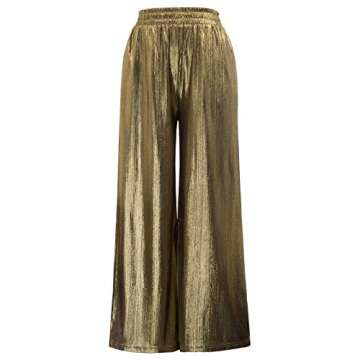 Women Polyester Pockets Loose Wide Leg Pants Trouser Size XL Golden CL916-2