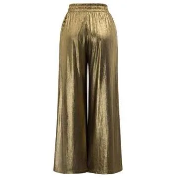 Women Polyester Pockets Loose Wide Leg Pants Trouser Size XL Golden CL916-2