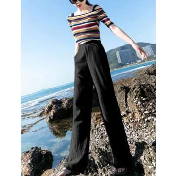 Hooever Womens Casual High Waisted Wide Leg Pants Button Up Straight Leg Trousers(Black-SMALL01)