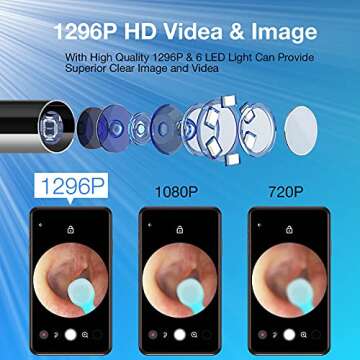 Ear Wax Removal with Camera, Earwax Remover Tool, 1296P FHD Wireless Ear Otoscope with 6 LED Lights,...
