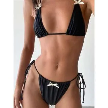 Alyweatry Women Two Piece String Bikini Set Floral Print Halter Side Tie Triangle Thong Swimsuits Bathing Suit (Bows-Black, S), Small