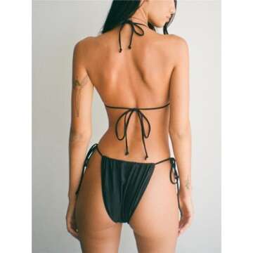 Alyweatry Women Two Piece String Bikini Set Floral Print Halter Side Tie Triangle Thong Swimsuits Bathing Suit (Bows-Black, S), Small