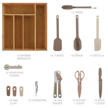 COOK WITH COLOR Bamboo Kitchen Utensil Set with Drawer Organizer | Cooking Tools and Storage Caddy, ...