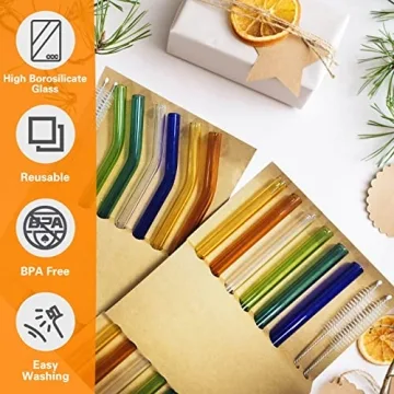 Panesor 12PCS Reusable Glass Drinking Straws with Cleaning Brushes