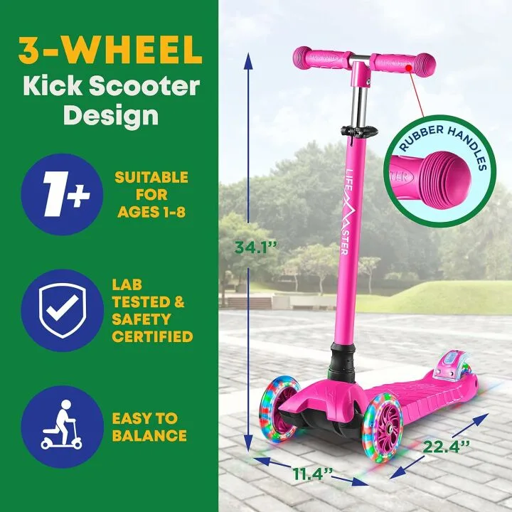 Kids Scooter – Children and Toddler 3 Wheel Kick Scooter – LED Wheel Lights Illuminate When Rolling Lifemaster