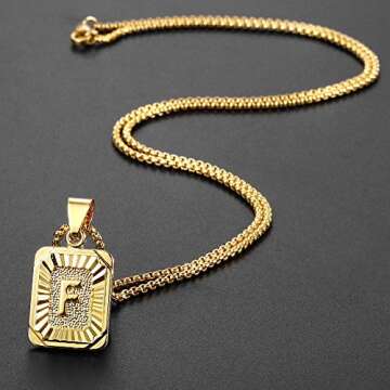 Hermah Gold Plated Square Capital Initial Letter J Charm Pendant Necklace for Men Women Box Steel Chain 22inch Link