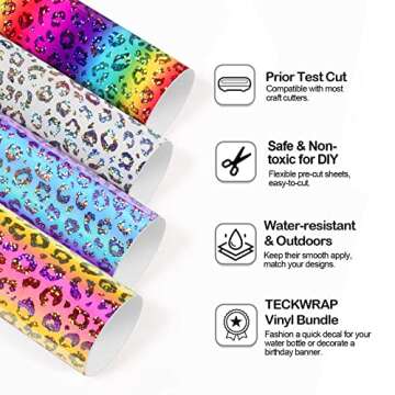 TECKWRAP Leopard Holographic Chrome Adhesive Vinyl Bundle 12" x 36"/Rolls for DIY Craft, Arts (Translucent Opal Blue, Yellow Pink, Rainbow,Transparent Patterned)