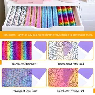 TECKWRAP Leopard Holographic Chrome Adhesive Vinyl Bundle 12" x 36"/Rolls for DIY Craft, Arts (Translucent Opal Blue, Yellow Pink, Rainbow,Transparent Patterned)