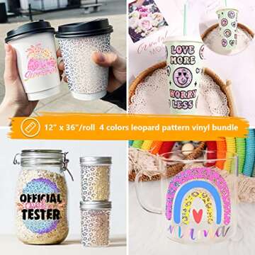 TECKWRAP Leopard Holographic Chrome Adhesive Vinyl Bundle 12" x 36"/Rolls for DIY Craft, Arts (Translucent Opal Blue, Yellow Pink, Rainbow,Transparent Patterned)