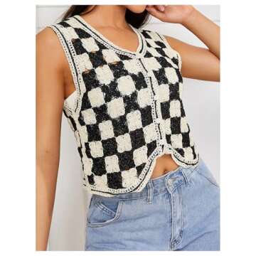 Stylish Verdusa Women's Checkered Vest Sweater - Black Beige