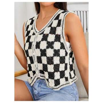 Stylish Verdusa Women's Checkered Vest Sweater - Black Beige