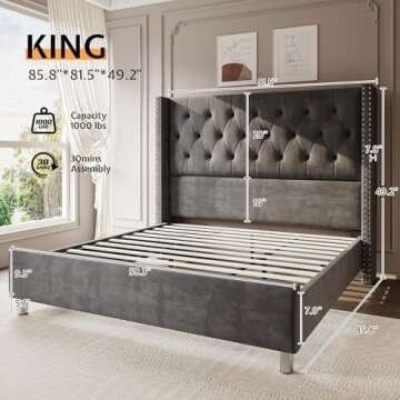 Jocisland Bed Frame King Size Velvet Tufted Upholstered Bed Low Profile Platform Bed Raised Wingback...