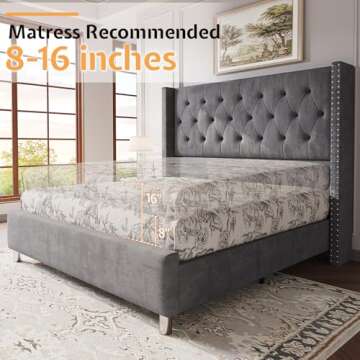 Jocisland Bed Frame King Size Velvet Tufted Upholstered Bed Low Profile Platform Bed Raised Wingback Headboard/Wood Slats Support/No Box Spring Needed/Easy Assembly/Grey
