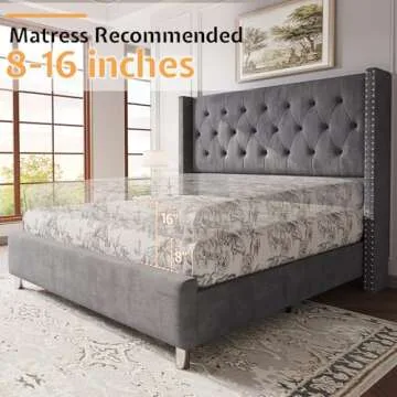 Jocisland Bed Frame King Size Velvet Tufted Upholstered Bed Low Profile Platform Bed Raised Wingback Headboard/Wood Slats Support/No Box Spring Needed/Easy Assembly/Grey