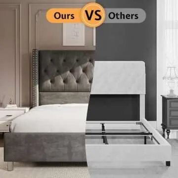 Jocisland Bed Frame King Size Velvet Tufted Upholstered Bed Low Profile Platform Bed Raised Wingback Headboard/Wood Slats Support/No Box Spring Needed/Easy Assembly/Grey