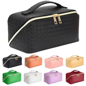 ZAUKNYA Makeup Bag - Large Capacity Travel Cosmetic Bag, Portable Leather Waterproof Women Travel Makeup Bag Organizer, with Handle and Divider Flat Lay Checkered Cosmetic Bags (Black)