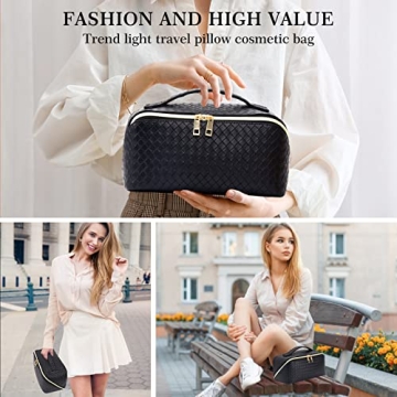 ZAUKNYA Makeup Bag - Large Capacity Travel Cosmetic Bag, Portable Leather Waterproof Women Travel Makeup Bag Organizer, with Handle and Divider Flat Lay Checkered Cosmetic Bags (Black)