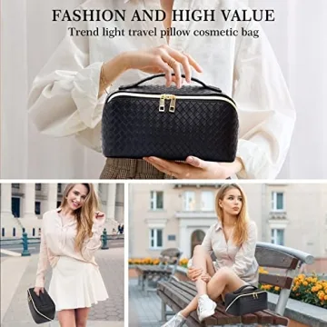 ZAUKNYA Makeup Bag - Large Capacity Travel Cosmetic Bag, Portable Leather Waterproof Women Travel Makeup Bag Organizer, with Handle and Divider Flat Lay Checkered Cosmetic Bags (Black)