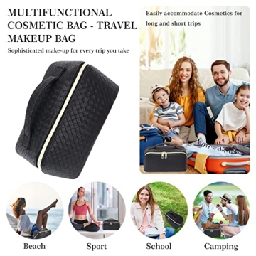 ZAUKNYA Makeup Bag - Large Capacity Travel Cosmetic Bag, Portable Leather Waterproof Women Travel Makeup Bag Organizer, with Handle and Divider Flat Lay Checkered Cosmetic Bags (Black)