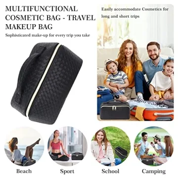 ZAUKNYA Makeup Bag - Large Capacity Travel Cosmetic Bag, Portable Leather Waterproof Women Travel Makeup Bag Organizer, with Handle and Divider Flat Lay Checkered Cosmetic Bags (Black)