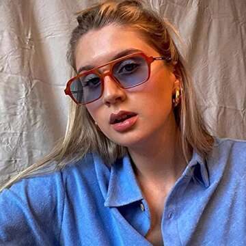 Trendy Retro Vintage 70s Square Flat Aviator Sunglasses for Women Men Rectangle Small Shades Narrow Sunnies Cool Cute Fashion (A4-Orange Frame/Blue Tinted Lens)