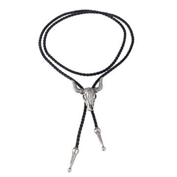 GelConnie Cowboy Skull Bolo Tie American Leather Necktie Rope Braided Necklace Western Jewelry for Men, Women PL0023-silver