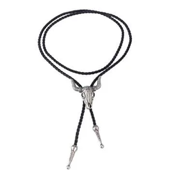 GelConnie Cowboy Skull Bolo Tie American Leather Necktie Rope Braided Necklace Western Jewelry for Men, Women PL0023-silver