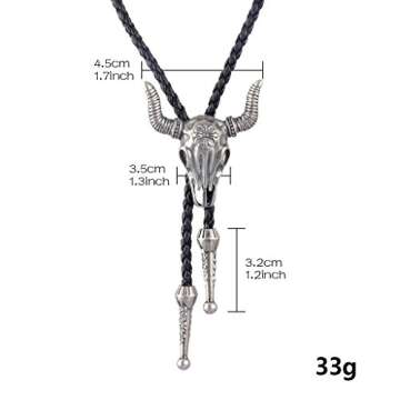 GelConnie Cowboy Skull Bolo Tie American Leather Necktie Rope Braided Necklace Western Jewelry for Men, Women PL0023-silver
