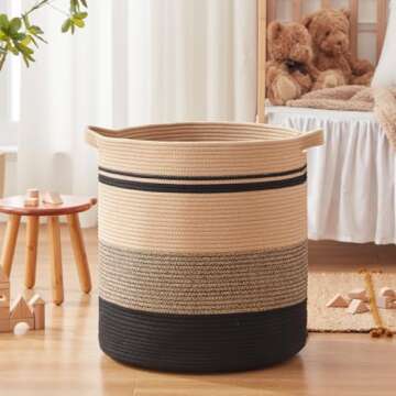 Woven Laundry Basket Hamper, 80L Tall Basket for Blanket Storage, Cotton Rope Decorative Storage for Living Room, Dirty Clothes Basket, Baby Hamper for Nursery (Black & Brown)
