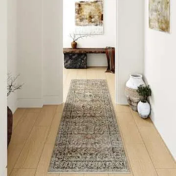WondRg 2x6 Washable Runner Rug Brown Vintage Distressed Hallway Kitchen Non Slip Low Pile Area Rug Living Room Bedroom Throw Rug Soft Indoor Carpet for Entrance Laundry Dining Room Bathroom